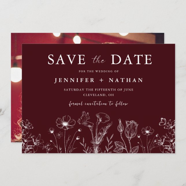 Elegant Floral Burgundy Save the Date Card  Spara Datumet (Fram/baksida)