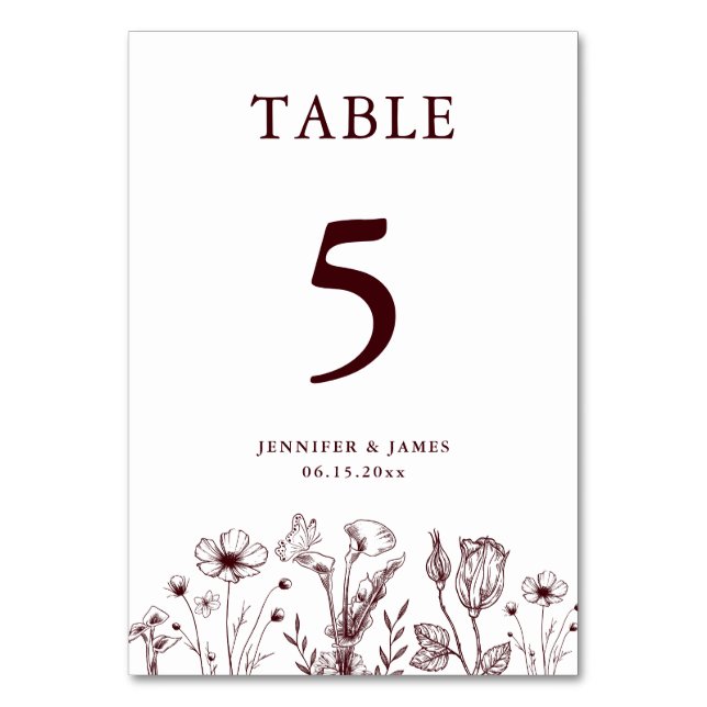 Elegant Floral Burgundy Wedding  Bordsnummer (Framsidan)