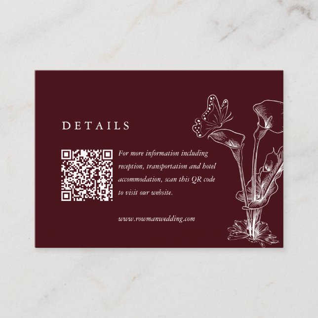 Elegant Floral Burgundy Wedding Details QR Code  Tilläggskort (Framsida)