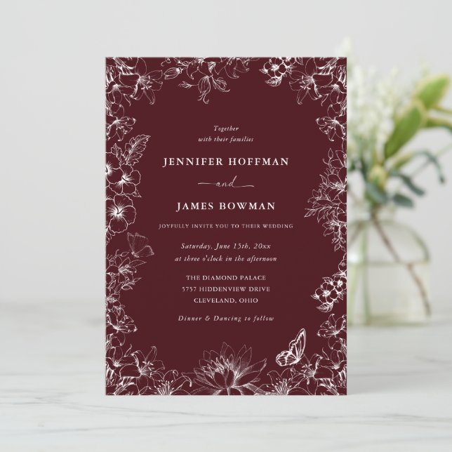 Elegant Floral Burgundy Wedding Invitation Inbjudningar (Stående Fram)