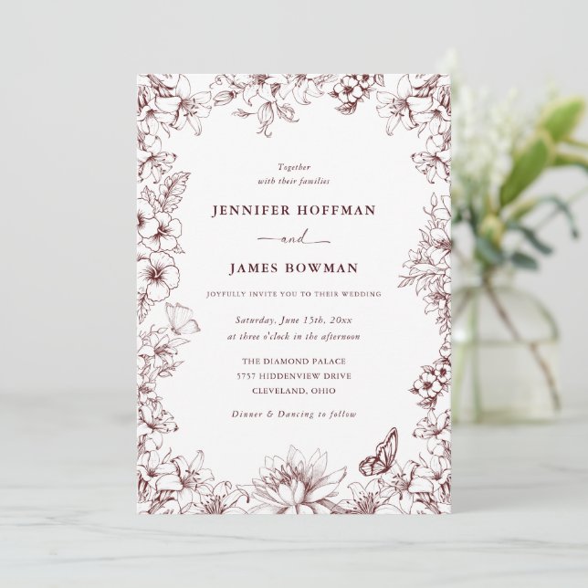 Elegant Floral Burgundy Wedding Invitation Inbjudningar (Stående Fram)