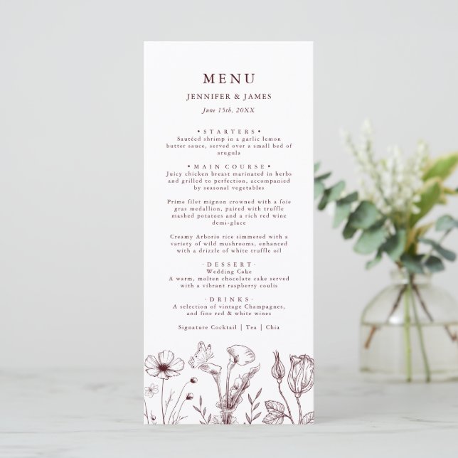 Elegant Floral Burgundy Wedding  Meny (Stående Fram)
