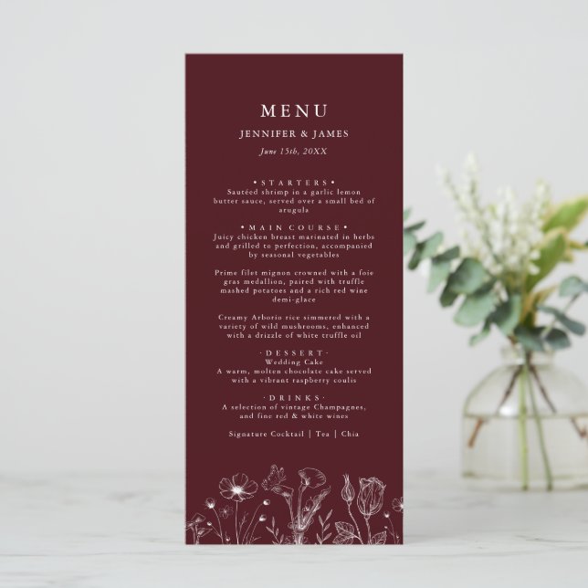 Elegant Floral Burgundy Wedding  Meny (Stående Fram)