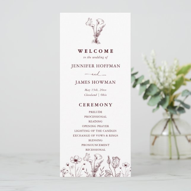 Elegant Floral Burgundy Wedding  Program (Stående Fram)