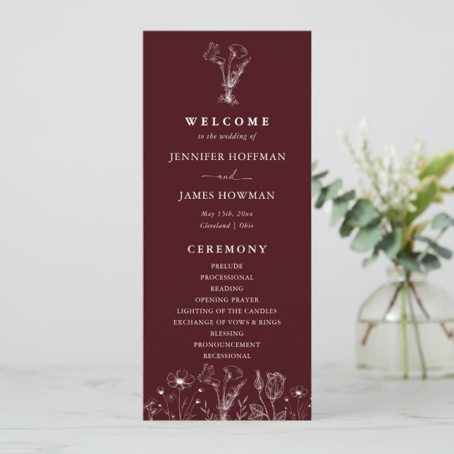 Elegant Floral Burgundy Wedding  Program (Stående Fram)