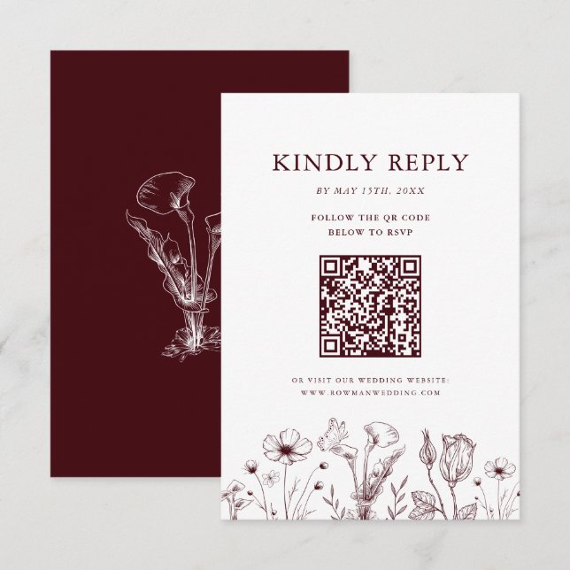 Elegant Floral Burgundy Wedding QR Code OSA Kort (Fram/baksida)