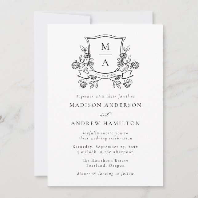 Elegant Floral Crest Monogram All in One Wedding Inbjudningar (Framsida)