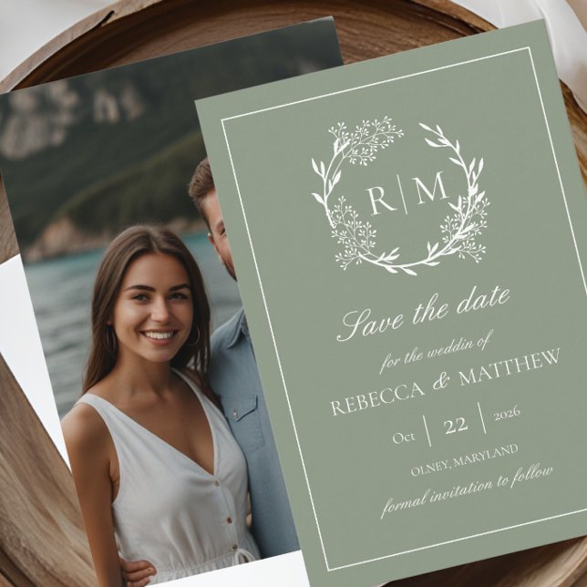 Elegant Floral Crest Monogram Photo Inbjudningar (Elegant Floral Crest Monogram Photo Save the Date)