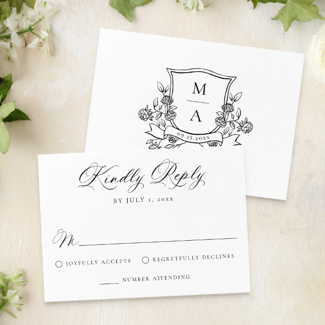 Elegant Floral Crest Monogram Wedding OSA Kort (Skapare uppladdad)