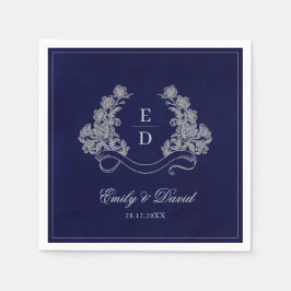 Elegant Floral Crest Navy Monogram Paper Napkin Pappersservett