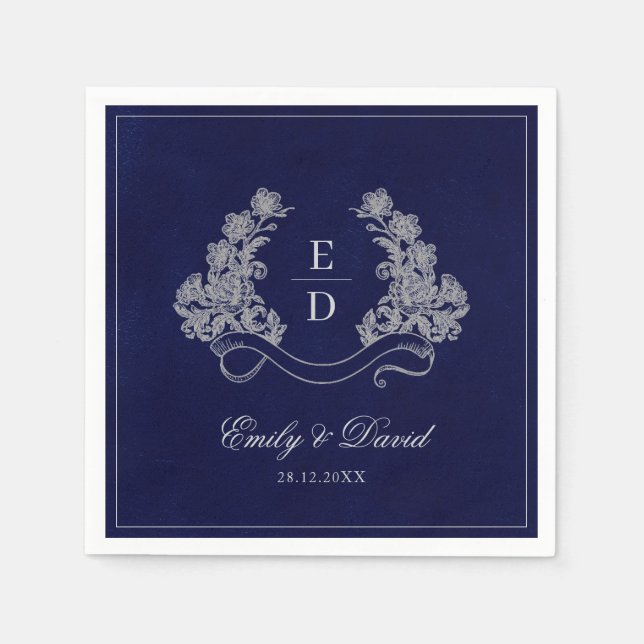 Elegant Floral Crest Navy Monogram Paper Napkin Pappersservett (Framsidan)