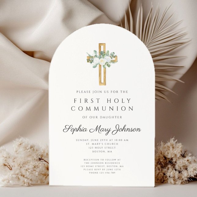 Elegant Floral Cross Girl First Holy Communion Inbjudningar (Elegant Floral Cross Girl First Holy Communion Invitation)