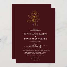 Elegant Floral Deep Burgundy Gold Monogram Wedding Inbjudningar