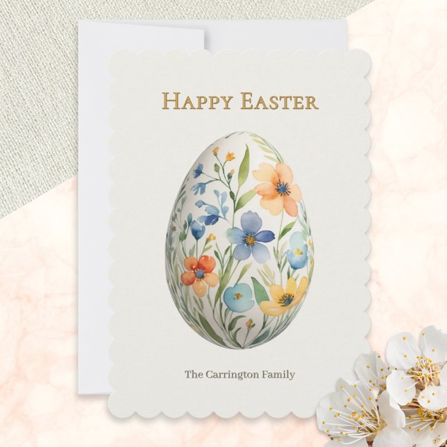 Elegant Floral Egg Pretty Spring Flowers Easter Julkort (An Easter card with floral egg design in a vintage style, Happy Easter greeting and custom text)