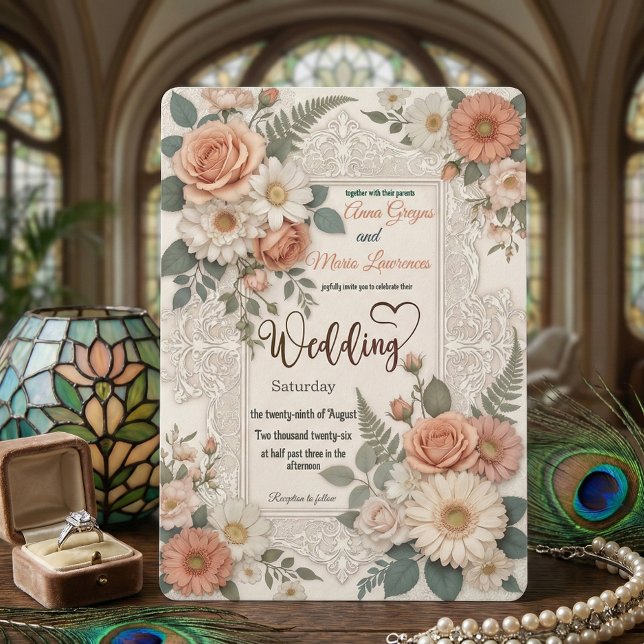 Elegant Floral Faux Embossed Wedding Invitation Inbjudningar (Skapare uppladdad)