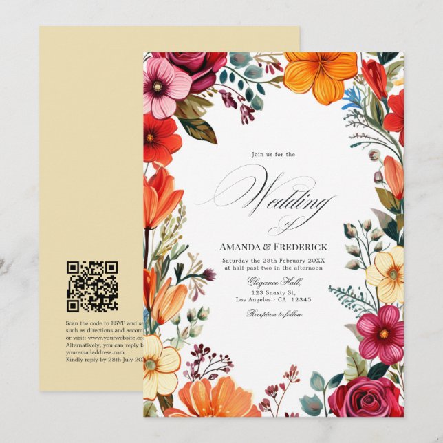 Elegant Floral Fiesta Bröllop med QR-kod Inbjudningar (Fram/baksida)