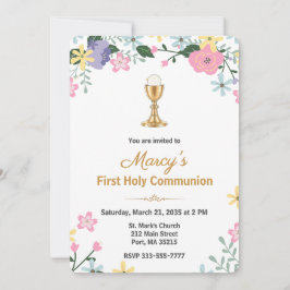 Elegant Floral First Holy Communion Photo  Inbjudningar