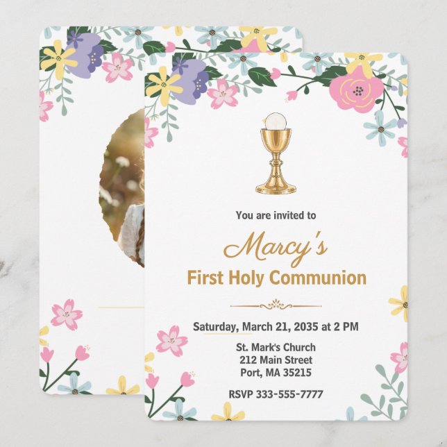 Elegant Floral First Holy Communion Photo  Inbjudningar (Fram/baksida)