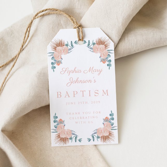 Elegant floral flicka foto dop presentetikett (Elegant Floral Girl Photo Baptism Gift Tags)