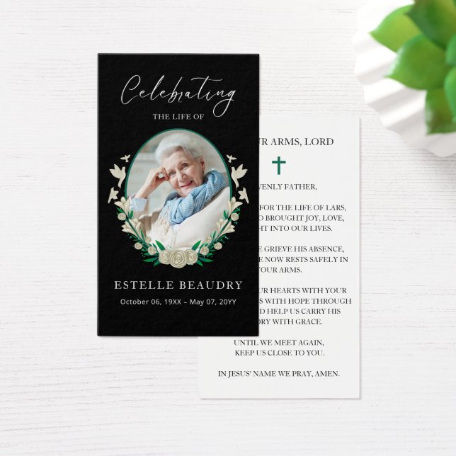 Elegant Floral Funeral Photo Sympathy Prayer Cards Visitkort (Skivbord)