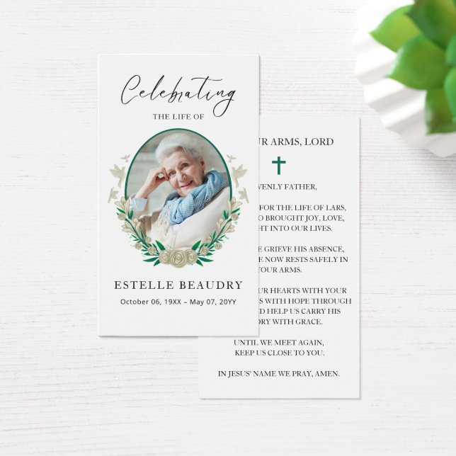 Elegant Floral Funeral Photo Sympathy Prayer Cards Visitkort (Skivbord)