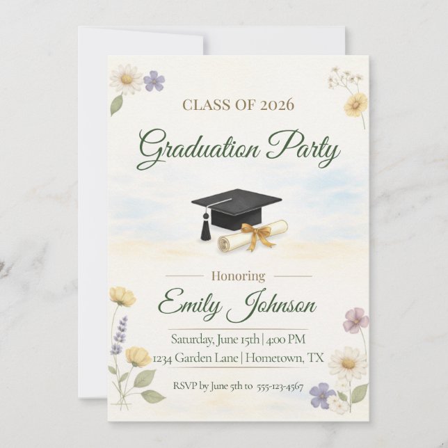 Elegant Floral Garden 2026 Graduation Invite Inbjudningar (Framsida)