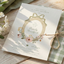 Elegant Floral Girl Sage Bow Framed Baby Shower Inbjudningar