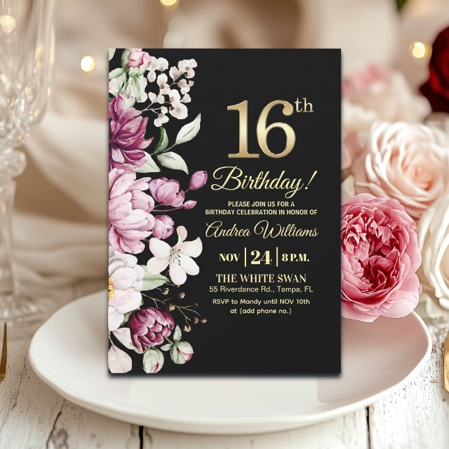Elegant Floral Gold 16 Birthday Party Inbjudningar (Skapare uppladdad)