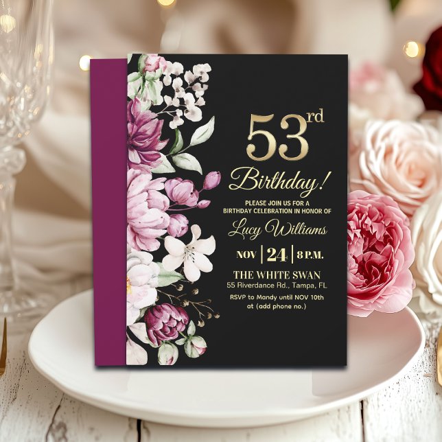 Elegant Floral Gold 53 Birthday Party Inbjudningar (Skapare uppladdad)