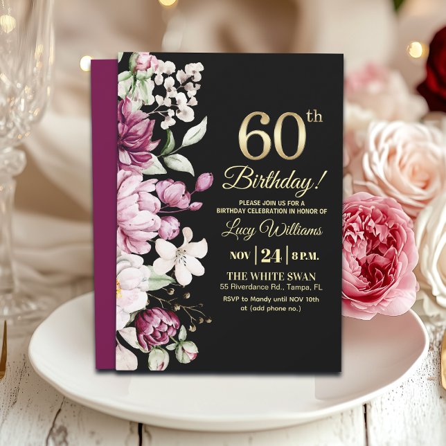 Elegant Floral Gold 60 Birthday Party Inbjudningar (Skapare uppladdad)