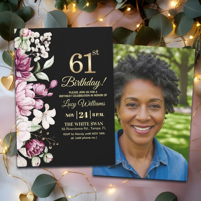 Elegant Floral Gold 61 Birthday Photo Inbjudningar (Skapare uppladdad)