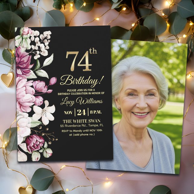 Elegant Floral Gold 74 Birthday Photo Inbjudningar (Skapare uppladdad)