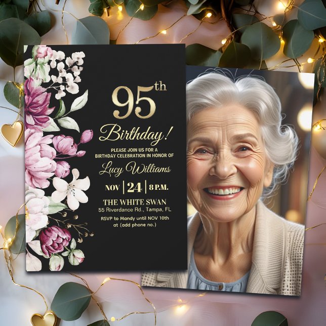 Elegant Floral Gold 95 Birthday Photo Inbjudningar (Skapare uppladdad)