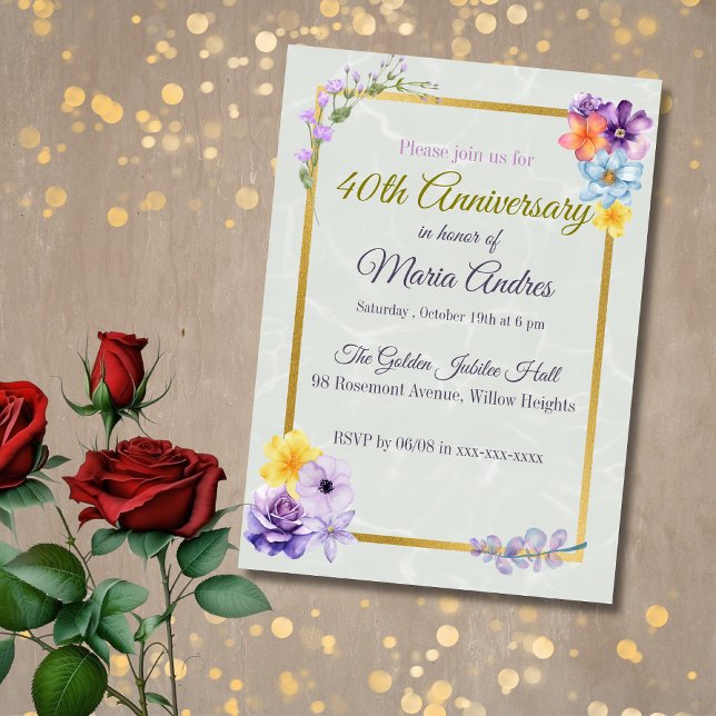 Elegant Floral Gold Frame 40th Birthday Invitation Inbjudningar (Skapare uppladdad)