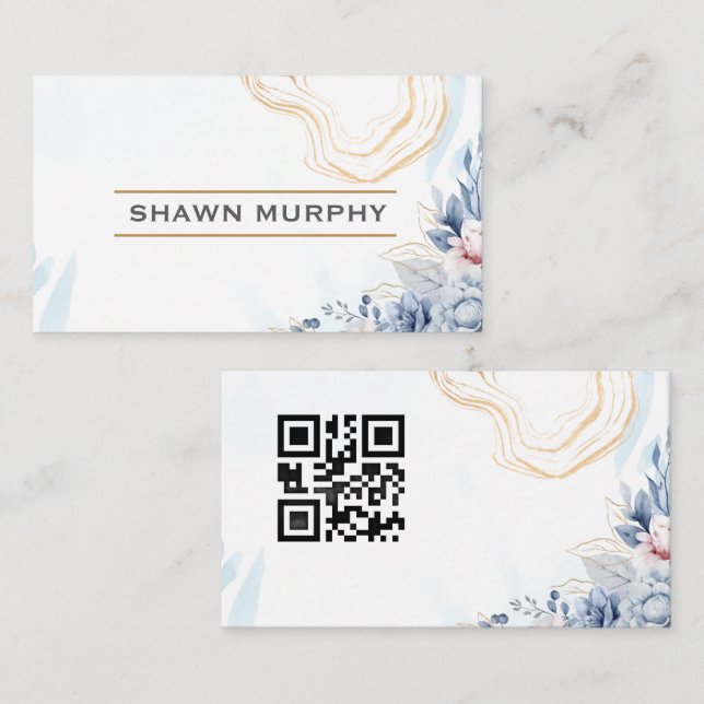 Elegant Floral Gold Line QR Code Business Card Visitkort (Fram/baksida)
