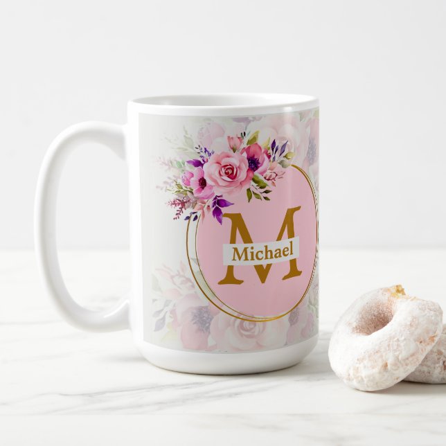 Elegant Floral Gold Monogram | Name & Initial Kaffemugg (Med munk)