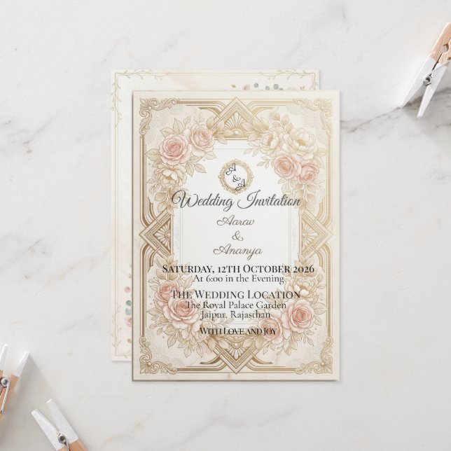Elegant Floral Gold Wedding Invitation | Editable Inbjudningar (Fram/Back In Situ)
