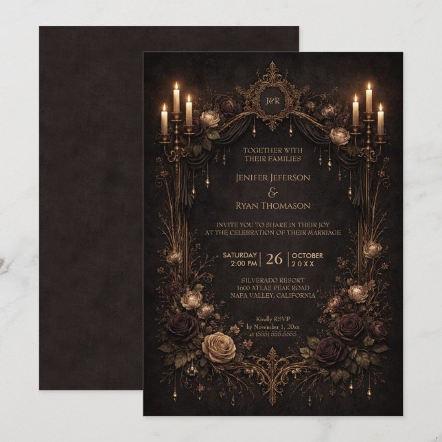 Elegant floral gothic halloween wedding Invitation Inbjudningar (Fram/baksida)