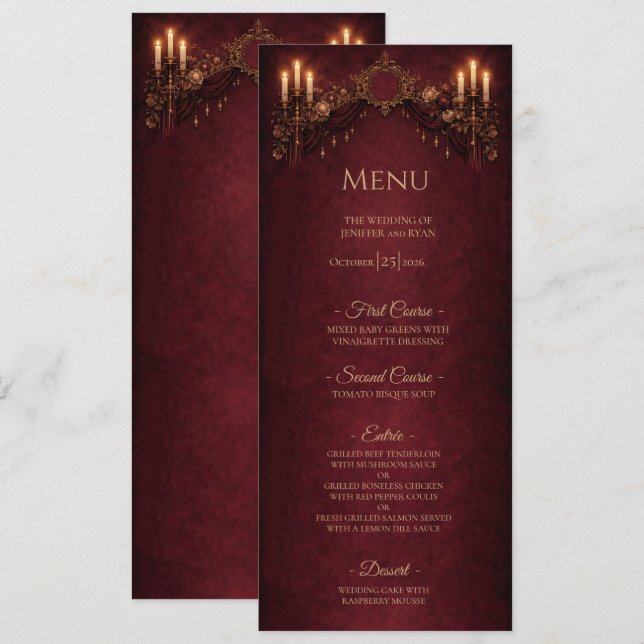 Elegant floral Gothic Halloween Wedding Menu Meny (Fram/baksida)