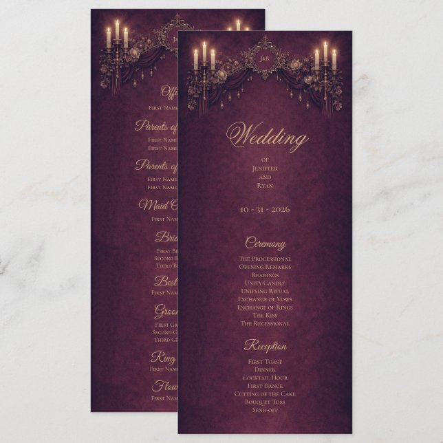 Elegant floral Gothic Halloween Wedding Program (Fram/baksida)