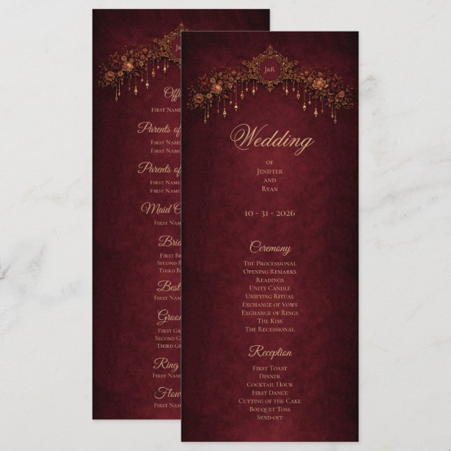 Elegant floral Gothic Halloween Wedding Program (Fram/baksida)