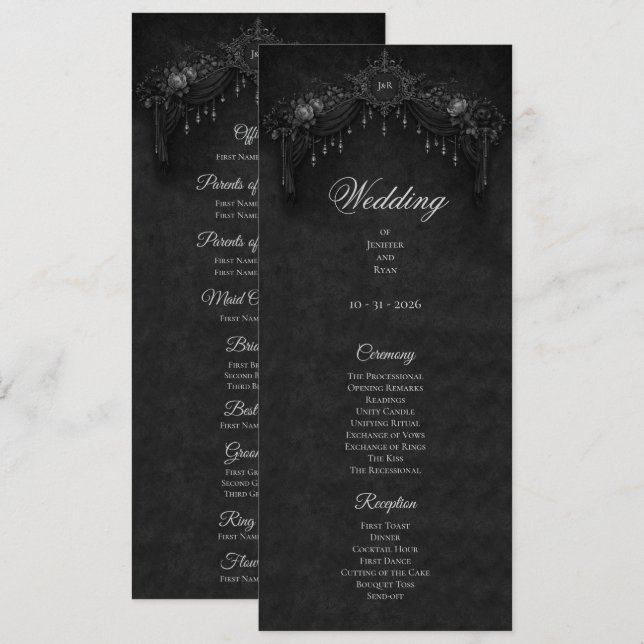 Elegant floral Gothic Halloween Wedding Program (Fram/baksida)