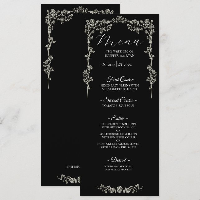 Elegant floral Gothic Wedding Menu Meny (Fram/baksida)