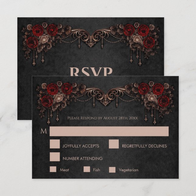 Elegant floral gothic Wedding RSVP Card OSA Kort (Fram/baksida)