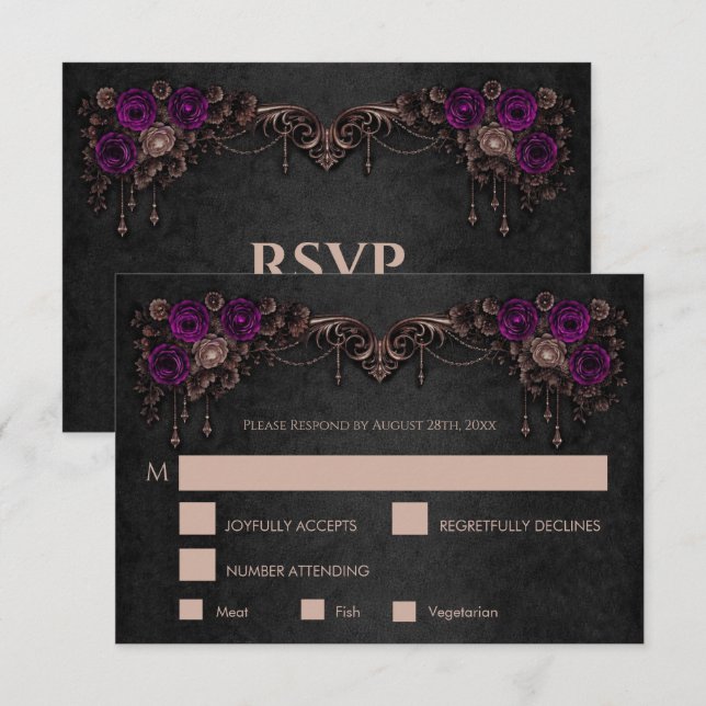 Elegant floral gothic Wedding RSVP Card OSA Kort (Fram/baksida)