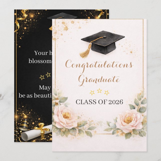 Elegant Floral Graduation Card 2026 Kort (Fram/baksida)