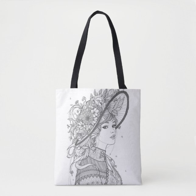 Elegant Floral Hat Lady Ink Sketch Tote Bag Tygkasse (Framsida)