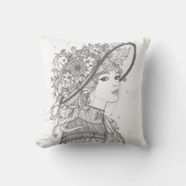 Elegant Floral Hat Lady Portrait Throw Pillow Kudde