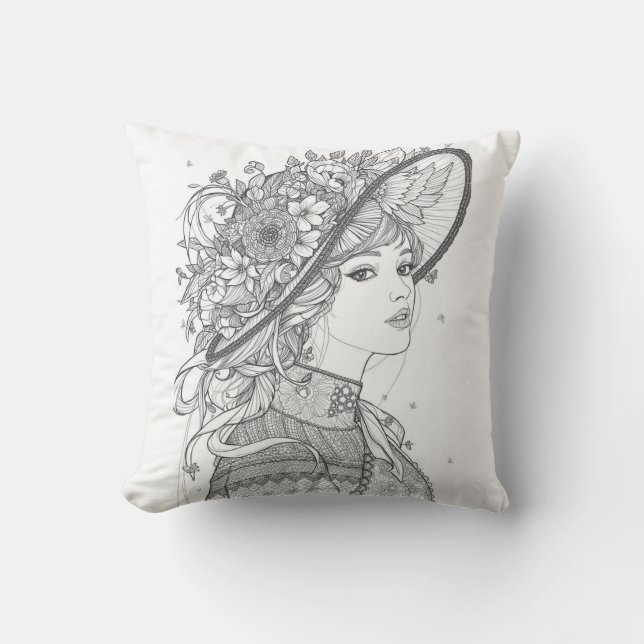 Elegant Floral Hat Lady Portrait Throw Pillow Kudde (Framsida)
