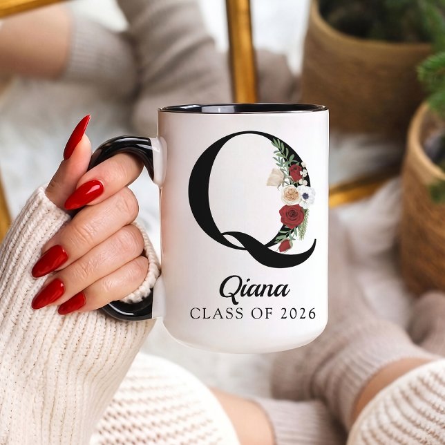 Elegant Floral Initial Custom Mug Gift for Grads Mugg (Personalized Monogram Floral Alphabet Mug for Mom, Grandma, Teacher, Nurse, Lawyer or Bridesmaid)